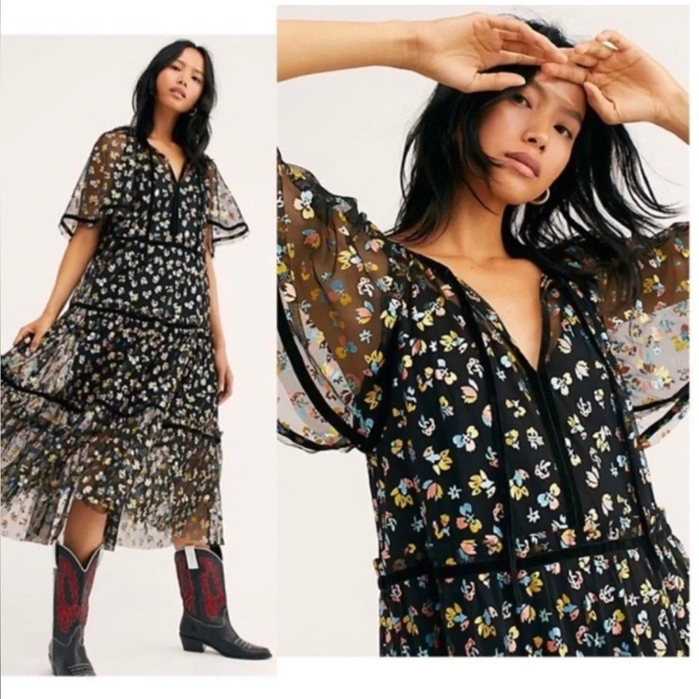 Free People Practical Magic Floral Print Mesh Dress Size S - Picture 1 of 5